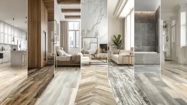 Diverse lvt installation patterns showcase wood-look flooring in kitchens, bedrooms, living rooms, and bathrooms, offering stylish and durable design options.
