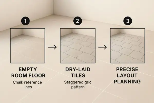 Diagram showing steps for tiling a floor: empty room, dry-laid tiles in a staggered pattern, and precise layout planning before grouting.