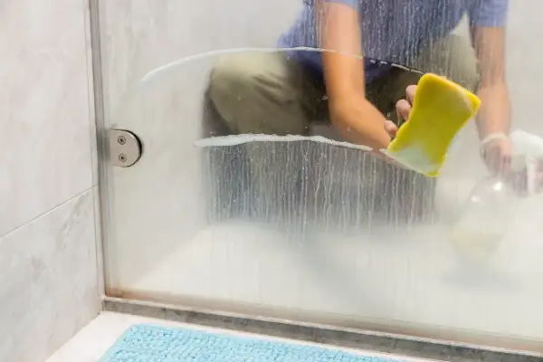 A person demonstrates how to clean shower glass with a yellow sponge and spray bottle, tackling soap scum and water spots for a sparkling finish.