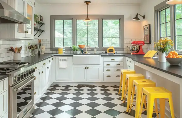 A bright kitchen with classic black and white kitchen floor tile patterns, yellow bar stools, and a farmhouse sink.