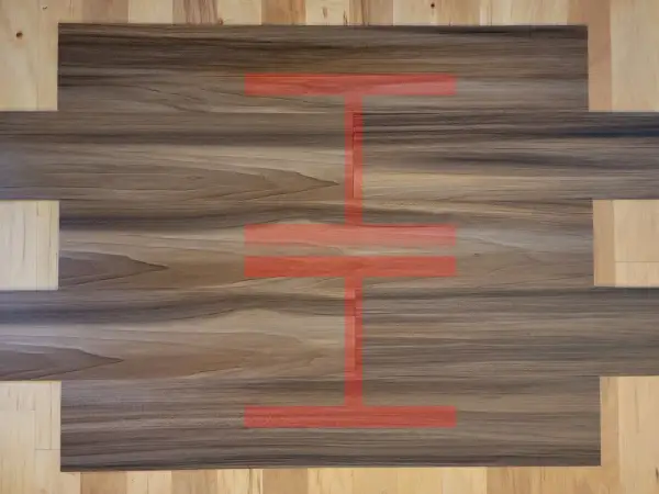 Visual guide on how to install vinyl plank flooring, showing a pattern of wood-look planks with a red overlay indicating installation steps.