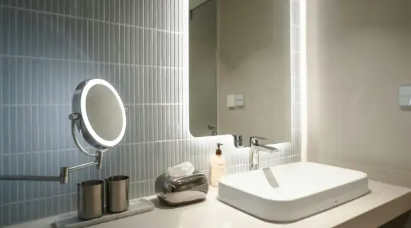 A modern bathroom vanity with a lighted makeup mirror, showcasing the best bathroom lighting for makeup.