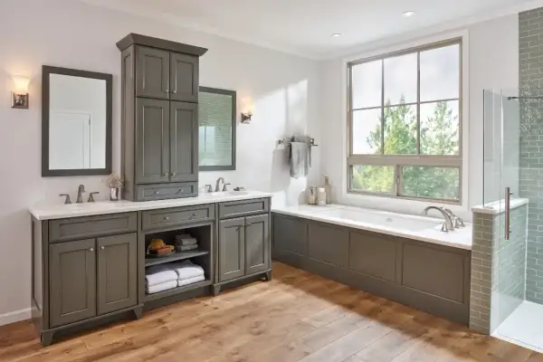 A spacious bathroom with a double vanity, featuring a mirror above each sink. The question of what size mirror for a 48-inch vanity is answered by the image, showing two mirrors, one for each sink.