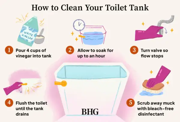 Learn how to clean toilet tank: pour vinegar, soak, turn off water, flush, then scrub with disinfectant.