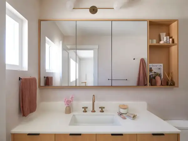 Modern bathroom with a large mirrored medicine cabinet, offering great double vanity mirror ideas.