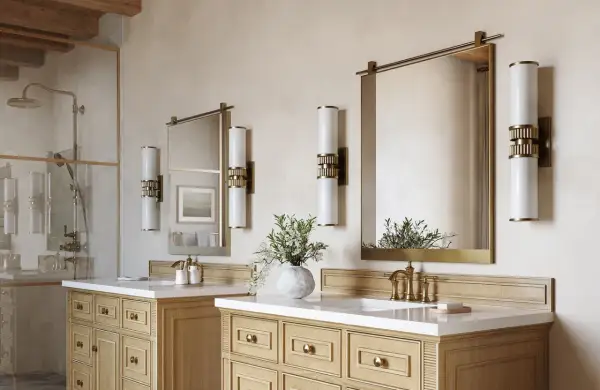 Two elegant wall sconces illuminate each side of the mirrors above the 72-inch vanity, creating a balanced and luxurious bathroom ambiance.