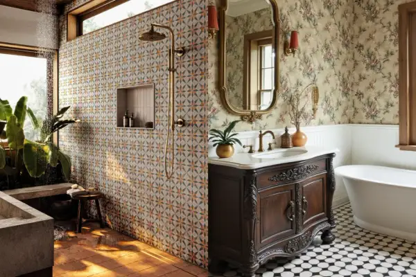 A bathroom with a patterned tile shower wall and timeless bathroom flooring featuring a black and white octagonal tile pattern.