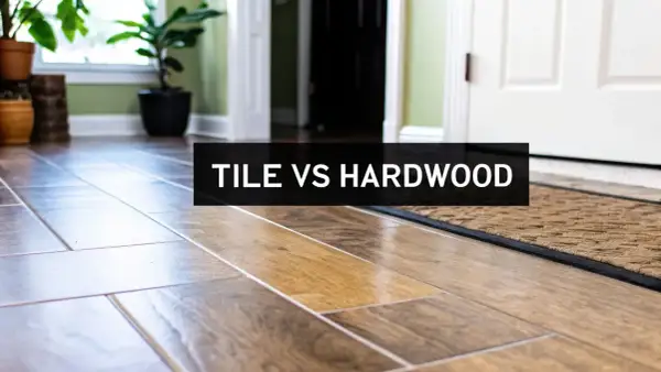 A hallway showcases a comparison of tile vs hardwood flooring, with plants and a door in the background.
