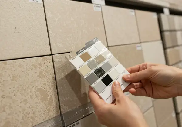 Hands hold a grout color swatch against beige tiles, exploring options for the best grout color for beige tile.