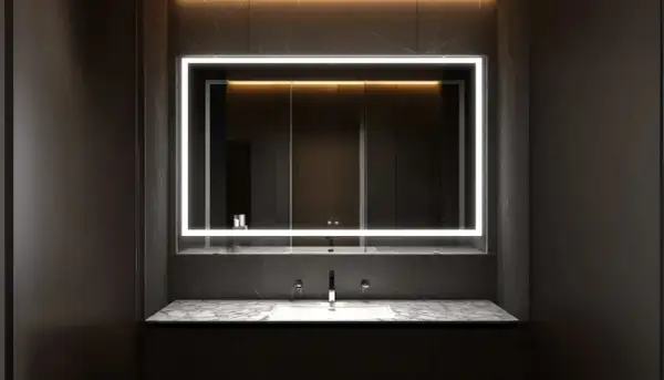 Modern bathroom mirror trends: a sleek, illuminated rectangle above a marble vanity with dual sinks and chrome faucets.