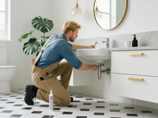 A plumber is kneeling, performing a bathroom vanity installation, tightening pipes under a sink with a wrench.