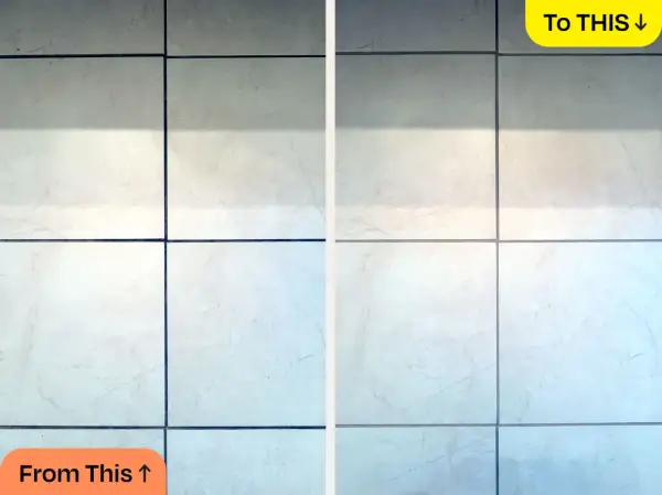 Before and after comparison showing how to clean ceramic tile. The left side shows dirty tiles, the right side shows sparkling clean tiles.
