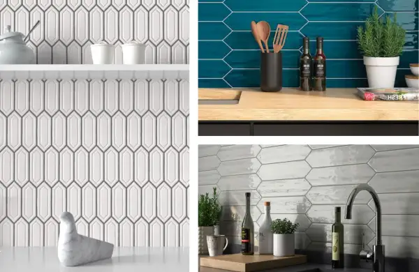 Kitchen backsplashes feature a modern picket tile pattern, shown in white, teal, and grey.