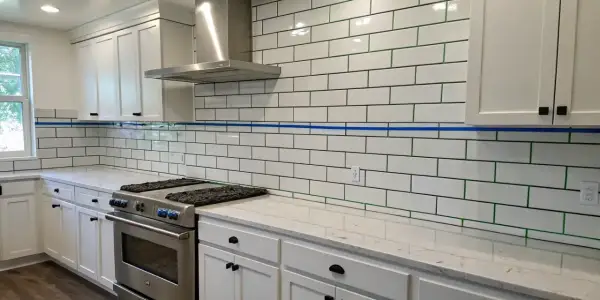 A kitchen backsplash features white subway tile with striking green grout, a modern contrast to the white cabinets and stainless steel appliances.