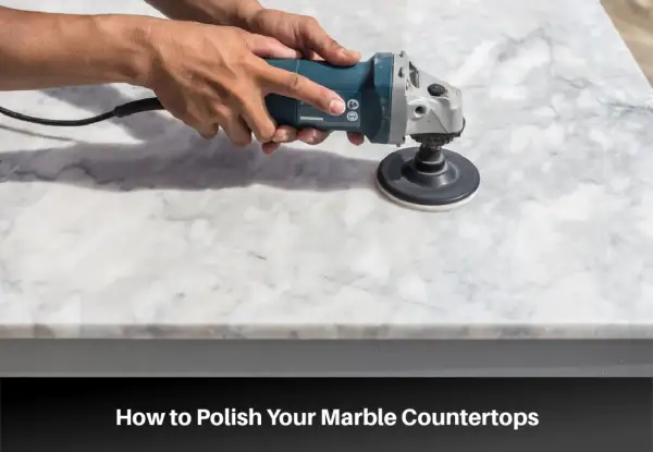 Hands using a polisher to polish a marble countertop, demonstrating how to polish marble tile for a brilliant shine.