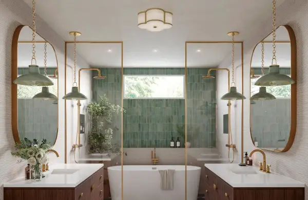 Elegant bathroom with dual vanities, a freestanding tub, and green tiled showers. Learn how to hang a bathroom mirror for a similar look.