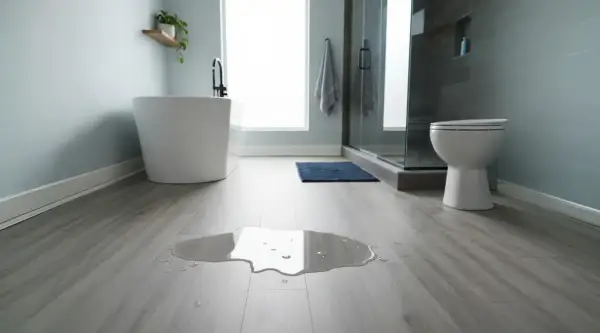 A puddle of water on a modern bathroom floor with LVT flooring. A freestanding tub and toilet are visible.
