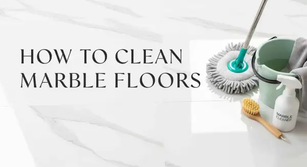 Learn how to clean marble floors with this guide. Supplies include a mop, bucket, spray bottle labeled "Marble Cleaner," and a brush.