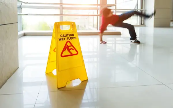 A person slips on a wet floor, narrowly avoiding a fall next to a yellow "Caution Wet Floor" sign. The shiny tiles suggest a low dcof tile rating.