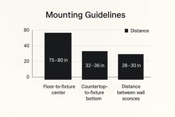 Bar chart showing mounting guidelines. The ideal vanity light height from the floor to the fixture center is 75-80 inches.