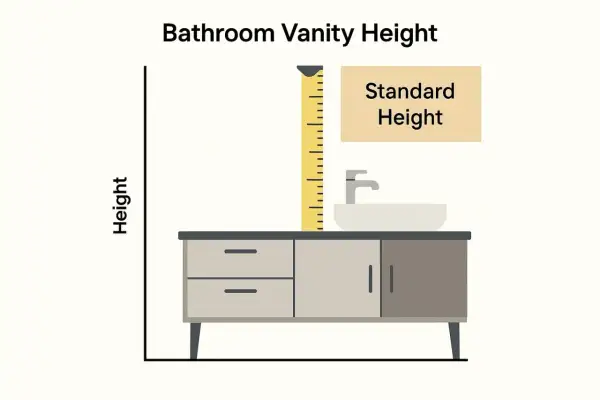 Illustration showing a bathroom vanity with a ruler measuring its standard height from the floor.