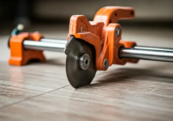 An orange tile cutter with a spinning blade is positioned on a tiled floor, ready to make a precise cut. This shows how to use a tile cutter for a clean finish.