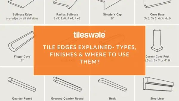 Diagrams illustrating various types of bullnose tile edges, including Radius Bullnose and Bullnose Edge, alongside other tile trim profiles.