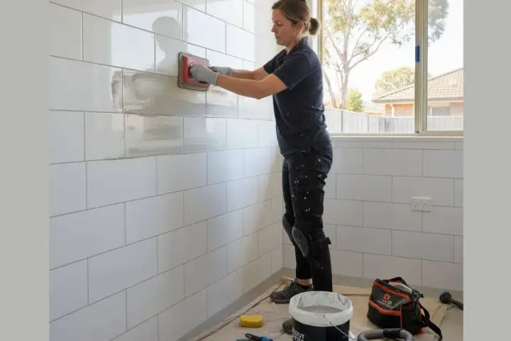 A woman is re grouting a white tiled wall with a trowel.